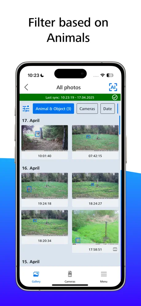 App Store screenshot: photo gallery grouped by date with an active “Animal & Object” filter and detection boxes on the thumbnails. Headline on the image (English): “Filter based on Animals”.