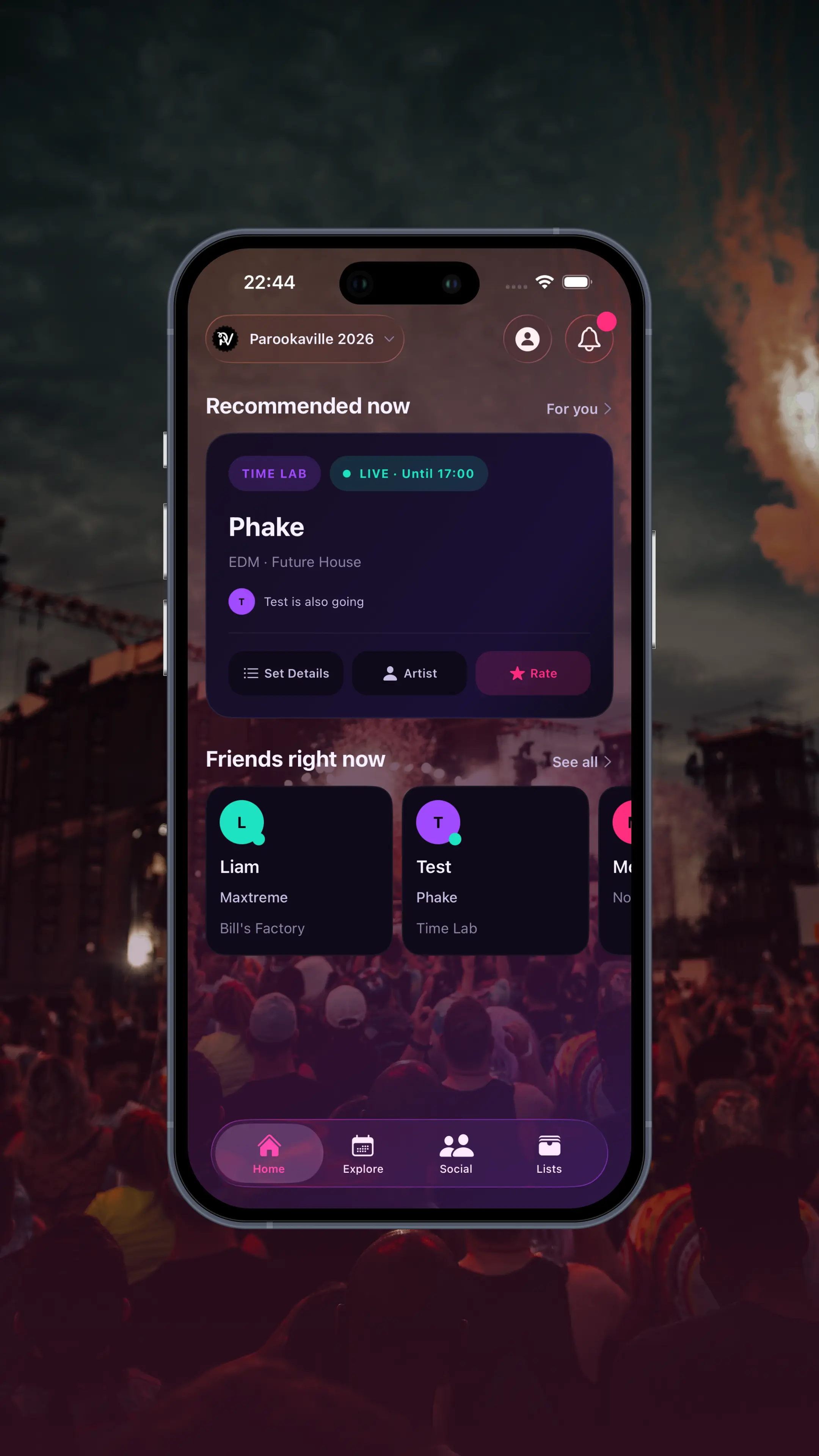 App screenshot: home screen with a “Recommended now” card for a live act and a “Friends right now” row showing which friend is at which stage.