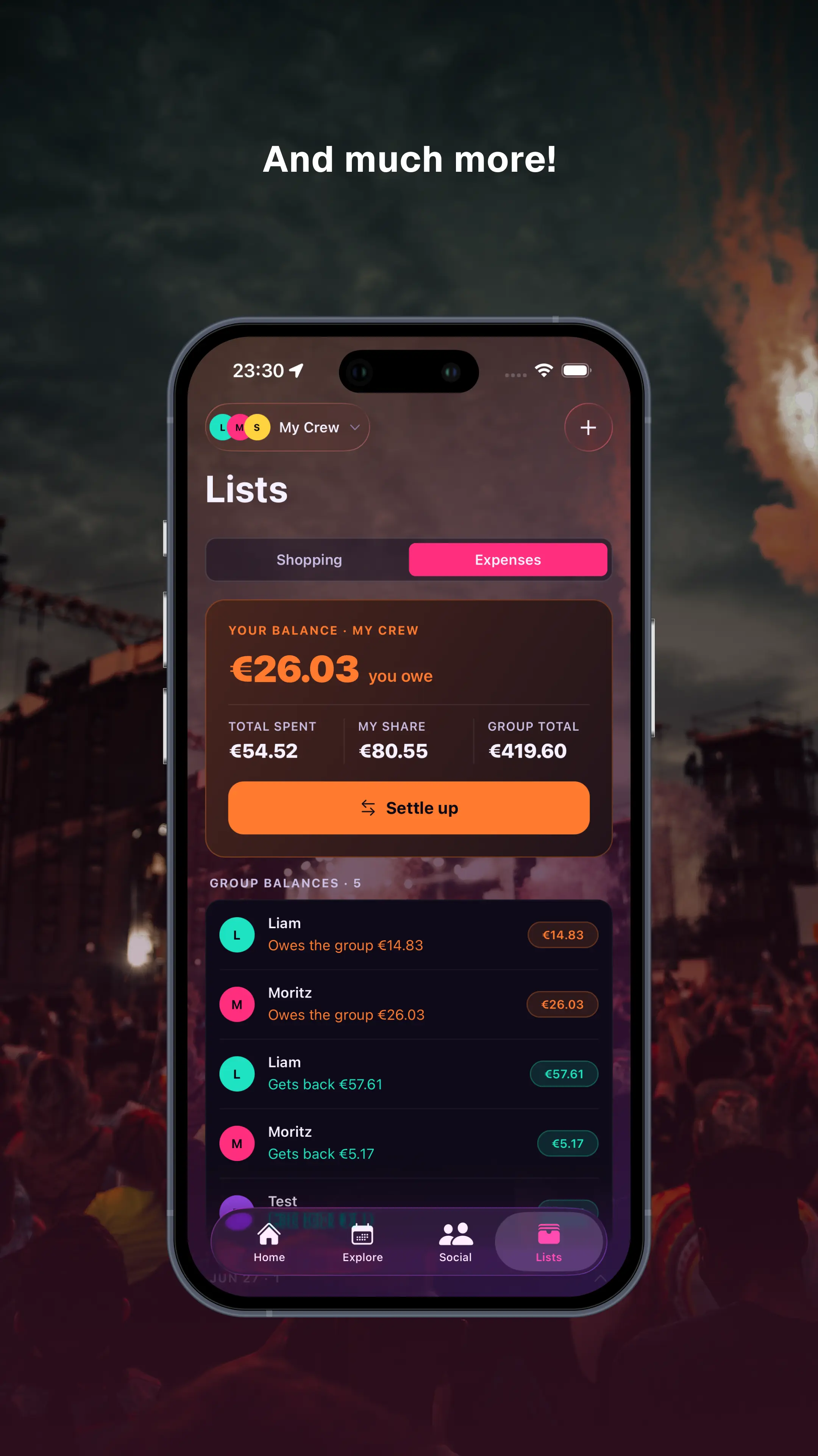 App screenshot: expenses tab showing your balance, total spent, group total, a “Settle up” button and per-person balances.